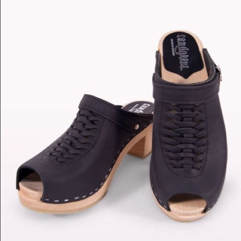 Sandgrens Black Peep-Toe Swedish Clogs Size 8
